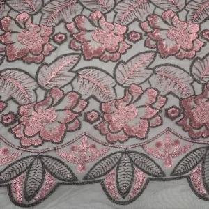 Renda Sequin – Fundo Preto c/ Rosa
