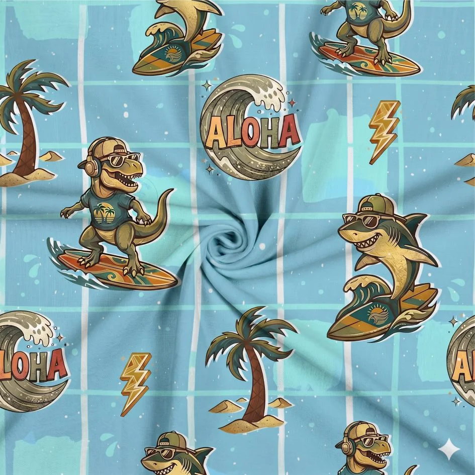 Tecido p/ Calções de Banho Tactel Tubarão e Dinossauro – Azul - Image 3
