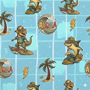 Tecido p/ Calções de Banho Tactel Tubarão e Dinossauro – Azul
