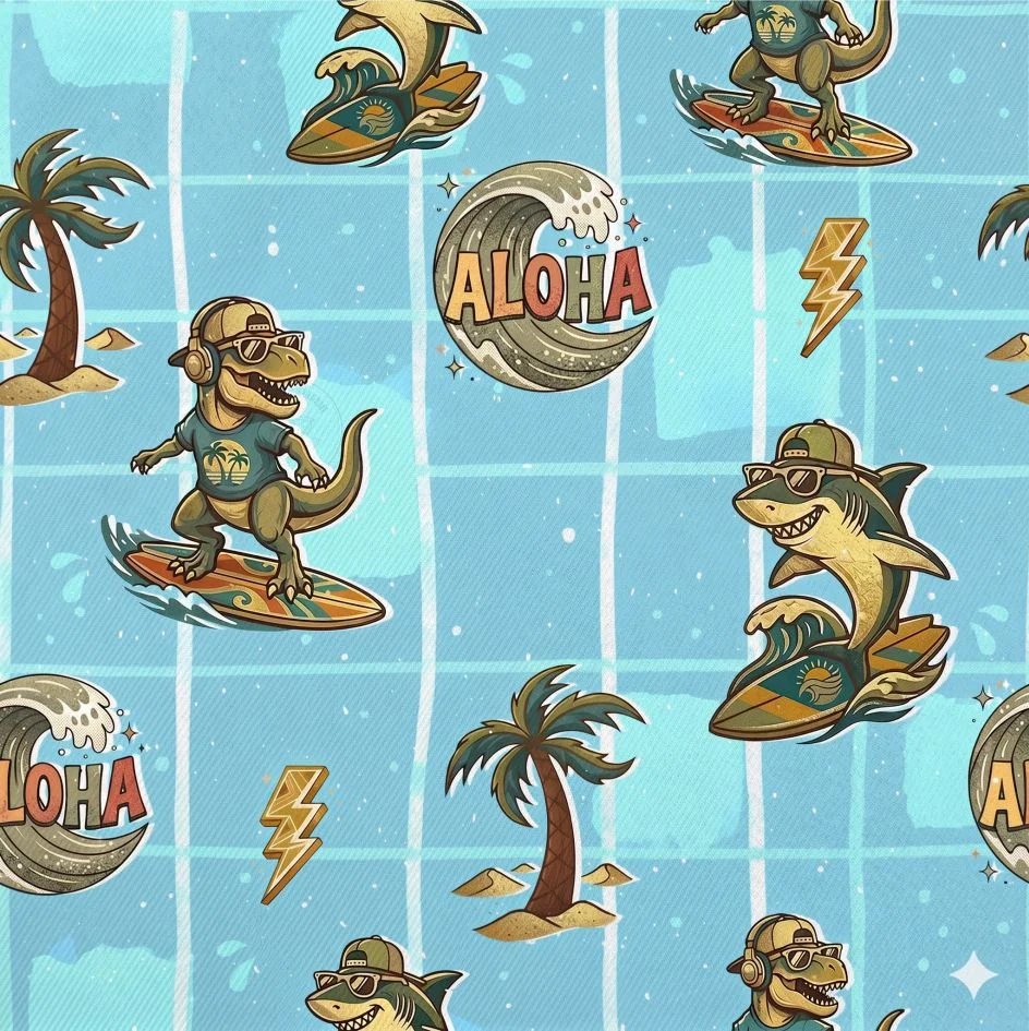 Tecido p/ Calções de Banho Tactel Tubarão e Dinossauro – Azul